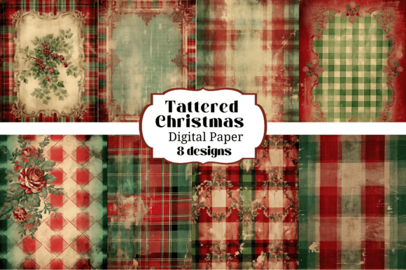 8 Tattered Christmas Junk Journal Pages for Vintage Crafts