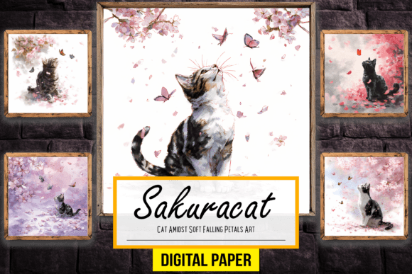 Cat Amidst Soft Falling Petals Artwork: A Serene Design Asset