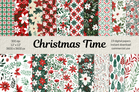 Christmas Flowers Digital Paper Bundle: Festive Design Assets