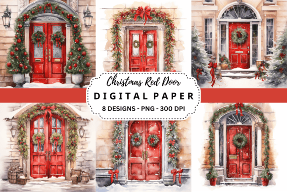 Christmas Red Door Watercolor Background: Festive Design Assets