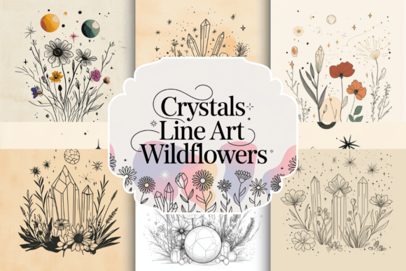 Mystical Botanicals: Unleashing Crystals Line Art Wildflowers
