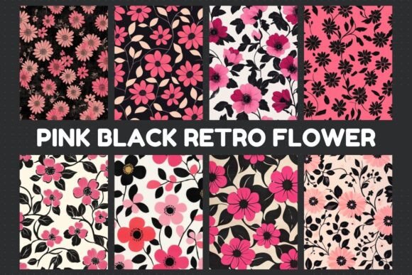 Pink Black Retro Flower Digital Paper: A Bold Vintage Aesthetic